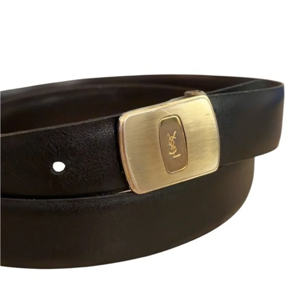 YSL Yves Saint Laurent Brass Buckle Vintage Black Leather‎ Belt 41”
